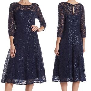 NWT SLNY Fashions Lace overlay sequin fit and flare midi dress in midnight blue.